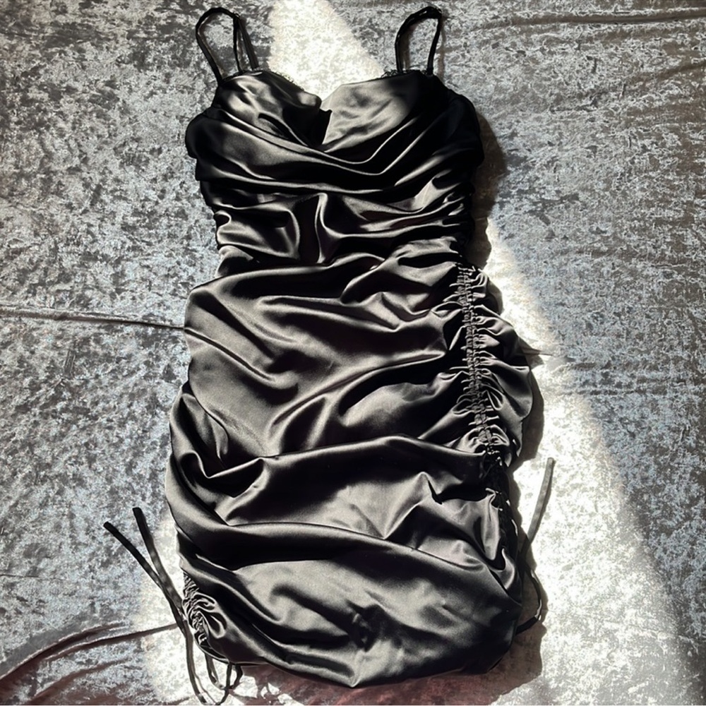 Oh Polly All For You Black Lace Trim Satin Mini Dress - Picture 2 of 4